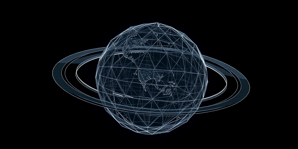 Create a 3D geometric representation of a planet with a wireframe surface, surrounded by multiple orbiting rings and small celestial bodies, captured with a Canon EOS R5, 50mm lens, f/1.8 aperture, ISO 100, in a dark environment, using a wide angle view and a high contrast lighting style to enhance depth and clarity.
