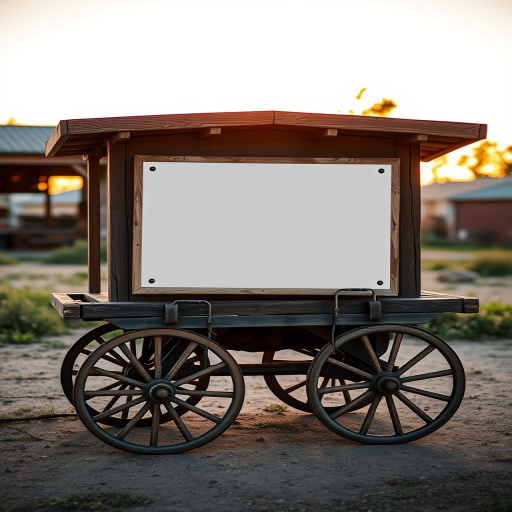 Create a vintage wooden cart with a blank sign, captured at sunset with a shallow depth of field, using a DSLR camera set to f/2.8, ISO 100, and a focal length of 50mm, shot from eye level and highlighting the textures of the wood.