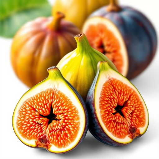 create a detailed illustration of a fresh fig fruit, showcasing both whole and sliced views, emphasizing vibrant colors and textures, shot with a DSLR camera at f/2.8, 50mm lens, soft natural lighting, and a shallow depth of field to enhance image quality.