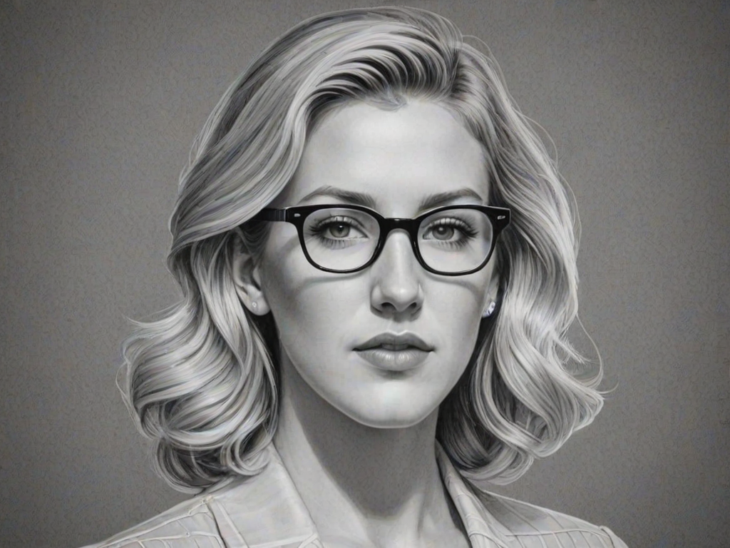 Elegant Ellie Goulding, pencil sketch, portrait of Graceful woman 1946s in glasses, hair style beatnik, outline, clear lines, fine lines, 8k