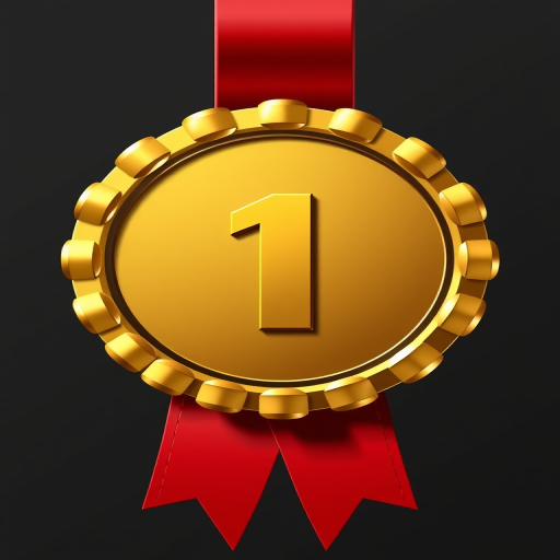 A high-quality digital illustration of a gold medal ribbon badge with the number one in the center, taken with a DSLR camera at f/2.8, ISO 100, 50mm lens, front view, using a bright natural light setting to enhance colors and details.