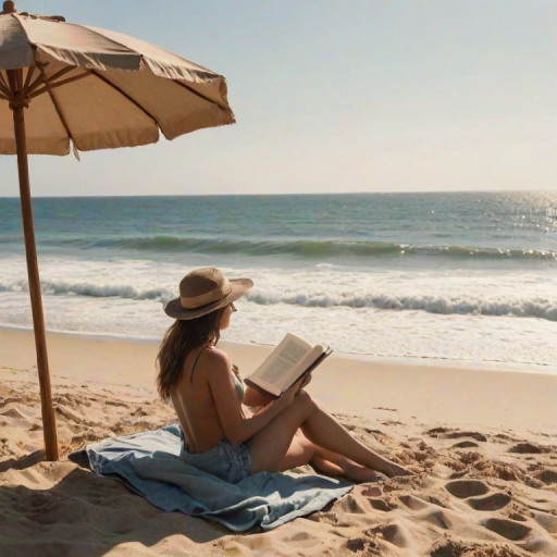 Sunlit beach with soft sand, a woman sits under a large umbrella, reading a book, with waves crashing softly in the background.