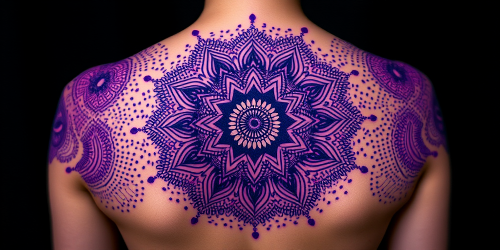 Enchanting dotwork mandala tattoo adorning the upper back and shoulders with intricate patterns radiating outward in gradient shades of purple and indigo creating a hypnotic three-dimensional effect