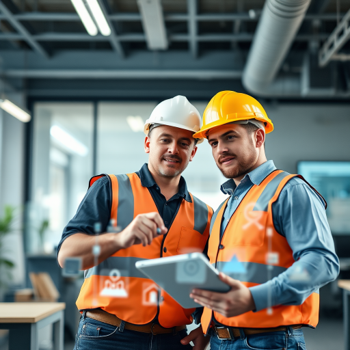 Generate an image of two construction workers discussing over a digital display of technology and icons in a modern office setting, using a Canon EOS R5 camera with a 50mm f/1.2 lens at ISO 100, shutter speed 1/125s, f-stop 1.2, with a wide-angle view and soft background blur for depth.