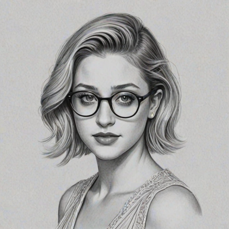 Comely Lili Reinhart, pencil sketch, portrait of Magnificent woman 1923s in glasses, hair style beatnik, outline, clear lines, fine lines, 8k