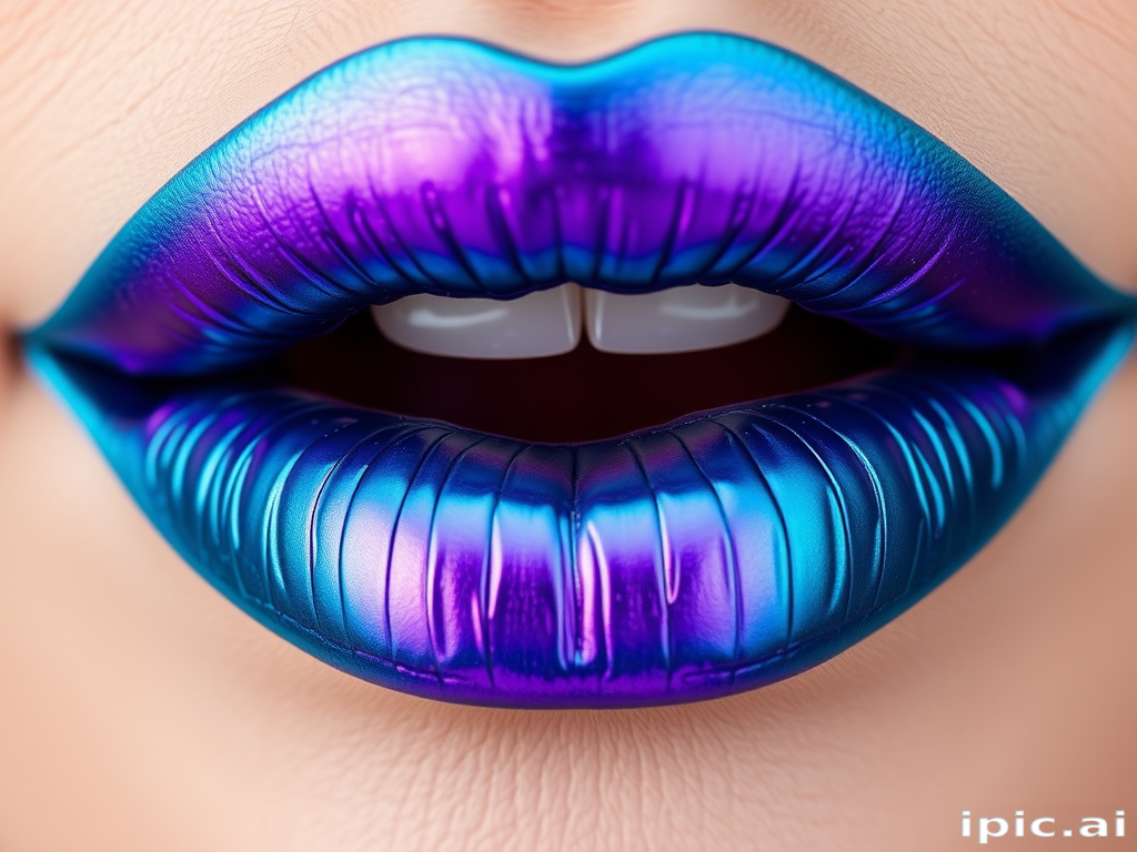 Duochrome lips shifting between teal and purple, creating a mesmerizing color-changing effect as the viewing angle changes, ideal for a mermaid-themed makeup look