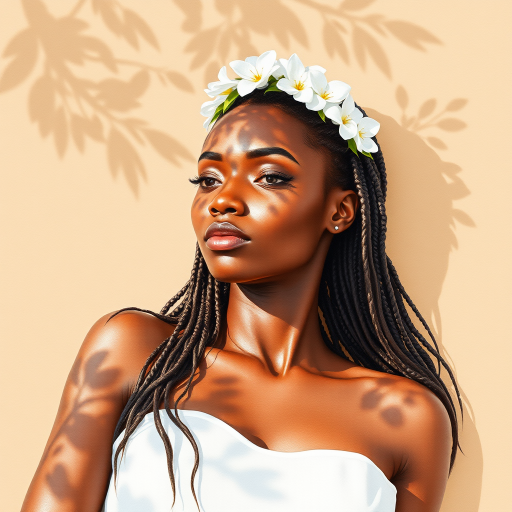 create a watercolor painting of an ethereal portrait of beautiful Igbo woman with a simple white flower crown on her head. Her hair is long and she is lying on the ground. The sunlight on the trees casts shadows from the leaves on her face and body. The background is a neutral brown color that matches her skin tone. The image is minimalist and solid colors. This style is characterized by soft, delicate brushstrokes and a light, airy, contrasting color palette. High level of detail and play of light