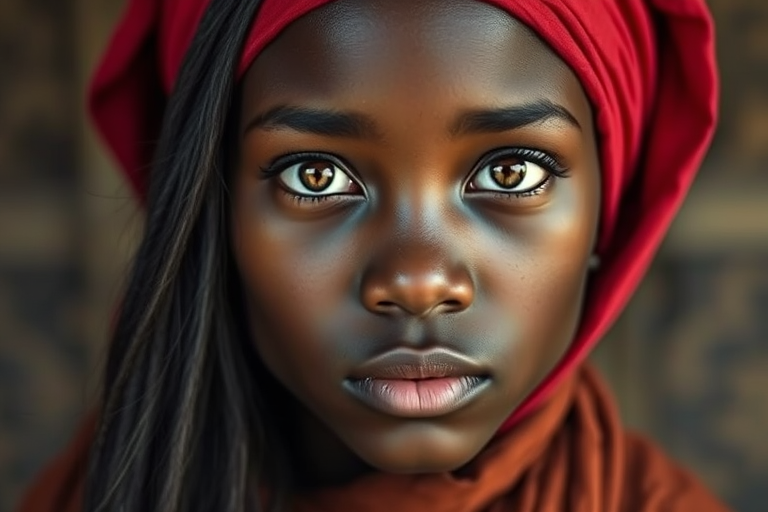 Create a portrait of a young Zulu woman with long, dark hair and captivating hazel eyes. She is wearing a red headscarf and a matching scarf draped gracefully around her neck. The background is softly blurred, focusing attention on her serene and natural expression. The overall color palette is muted and warm, enhancing the intimate and authentic feel of the portrait.