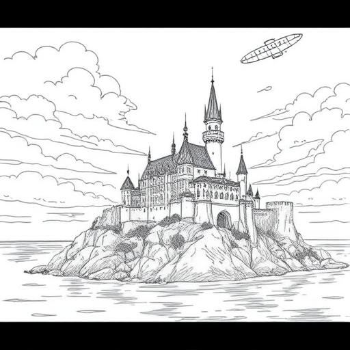 Regenerate a detailed line art illustration of a castle on a rocky island with pointed towers and a zeppelin in the sky, using a 50mm lens, f/8 aperture, ISO 100, natural lighting, and a high-resolution digital format.