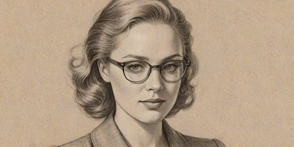 Fetching Clare Grant, pencil sketch, portrait of Comely woman 1937s in glasses, hair style beatnik, outline, clear lines, fine lines, 8k