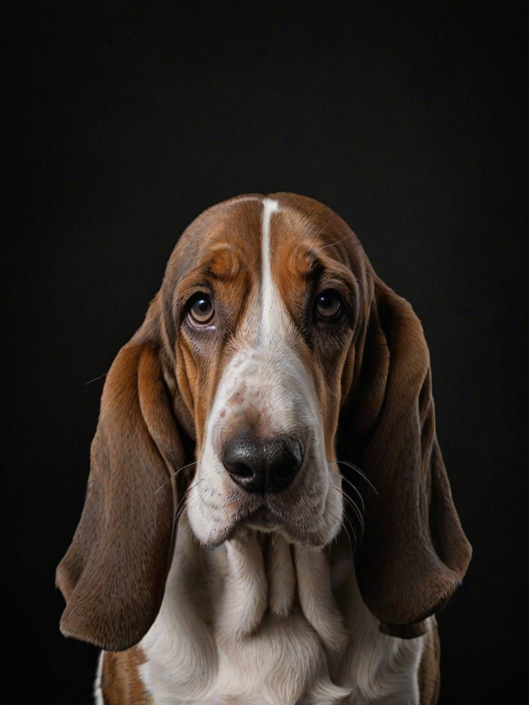 regenerate an image of a basset hound with long ears and a sad expression against a black background