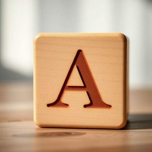 Create a wooden block featuring a prominent letter "A" on the front with a smooth, glossy finish, captured in a close-up shot using a DSLR camera at f/2.8, ISO 100, and a 50mm lens, with soft natural lighting to enhance the textures and colors.