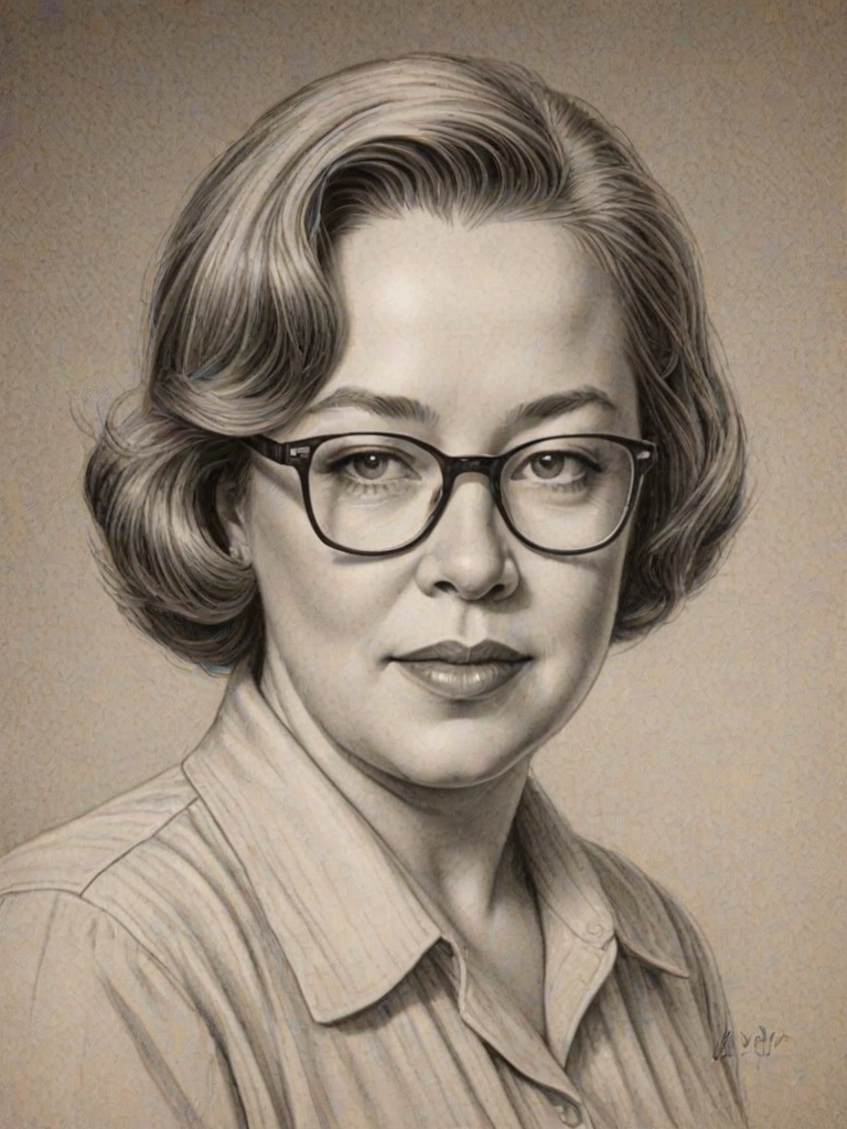 Graceful Kathy Bates, pencil sketch, portrait of Pleasing woman 1930s in glasses, hair style beatnik, outline, clear lines, fine lines, 8k
