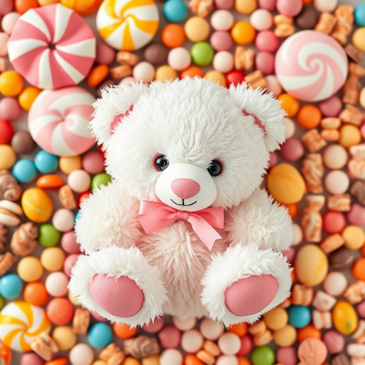 Regenerate a vibrant flat lay image of a fluffy white teddy bear with pink accents sitting among a colorful assortment of candies and sweets, shot with a Canon EOS R5, 50mm lens at f/1.8, ISO 100, natural light, macro view for enhanced detail and texture.