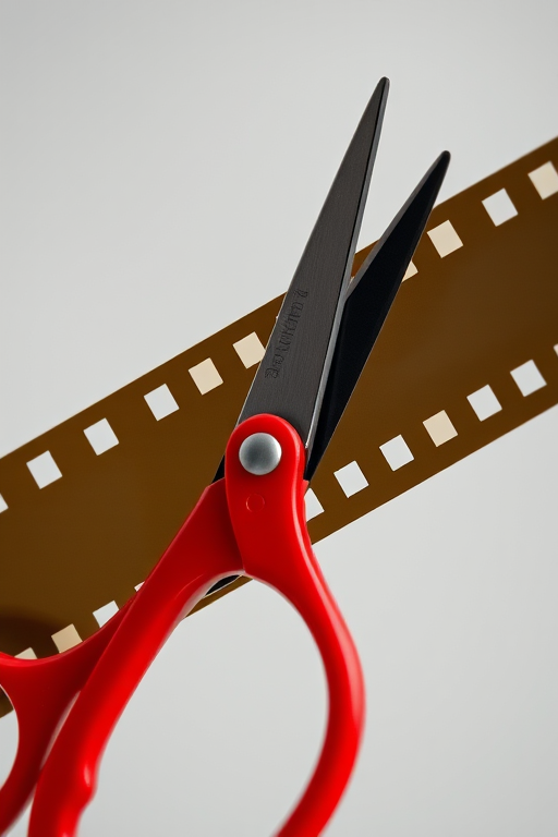 create an image of a pair of red scissors cutting through a strip of film, photography style, DSLR camera, f/2.8 aperture, 50mm lens, shallow depth of field, 1/200 sec exposure time, natural light