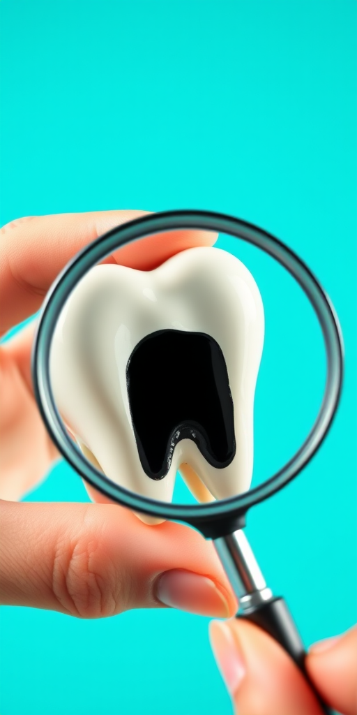 A close-up view of a hand holding a magnifying glass over a cartoonish tooth with a black cavity, bright turquoise background, shot with a DSLR camera at f/2.8 aperture, ISO 100, and a 50mm lens for sharp details and vibrant colors.