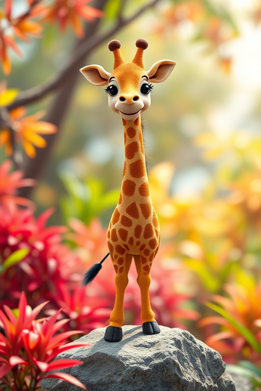 Create a cute cartoon-style giraffe standing on a rock surrounded by vibrant foliage, shot with a Canon EOS R5, 50mm lens, f/1.8, 1/250s, ISO 100, soft focus background, bright and colorful lighting.
