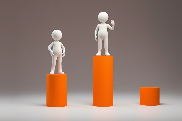 Create an image of four white 3D figures standing on orange cylindrical pedestals at varying heights, with the tallest figure gesturing, using a Canon EOS R5 camera, 50mm lens, f/2.8 aperture, ISO 100, and a softbox lighting setup to enhance quality and clarity.