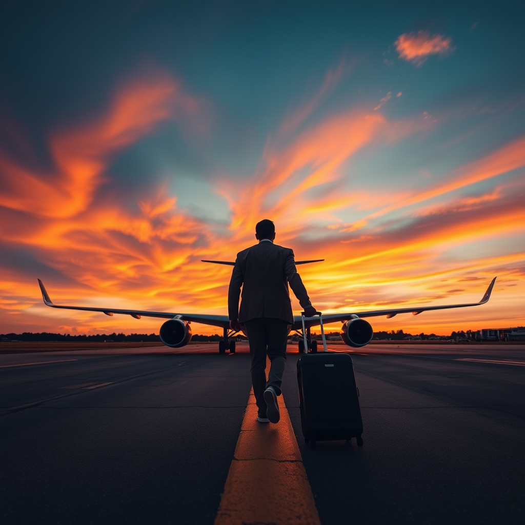 Generate an image of a person walking towards an airplane on a runway during sunset, carrying a suitcase, with vibrant colors in the sky, using a DSLR camera at f/2.8, ISO 100, 1/200s shutter speed, wide-angle lens, low-angle view to emphasize the subject and create a dramatic effect.