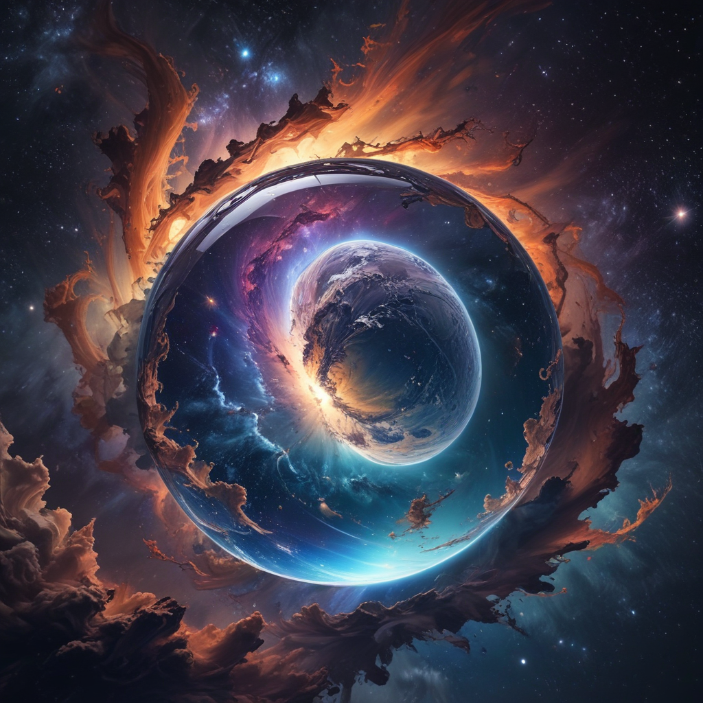 Majestic Cosmic Sphere Surrounded by Fiery Clouds and Celestial Wonders