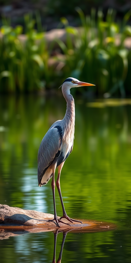 Capture a heron standing by a tranquil pond with vibrant green reflections, using a DSLR camera at f/4 aperture, ISO 100, 1/200 sec shutter speed, 85mm lens, natural lighting, and a shallow depth of field for a crisp focus on the bird against a soft background.