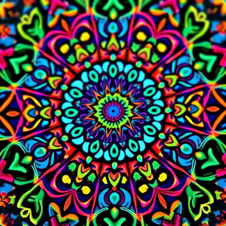 Create a highly detailed mandala with vibrant colors, intricate patterns, and a symmetrical design, shot with a DSLR camera at f/8, ISO 100, 50mm lens, with a macro view to enhance texture and clarity.