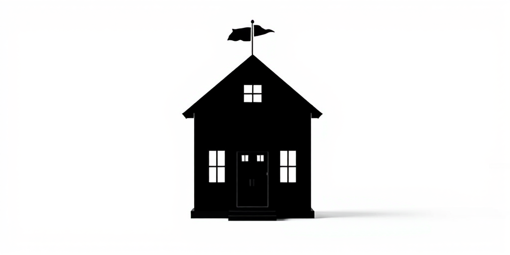 Create a high-resolution image of a simple black schoolhouse silhouette with a flag on the roof, shot with a DSLR camera at f/8 aperture, ISO 100, 1/250 shutter speed, using a wide-angle lens, capturing a clean and minimalistic design against a white background.