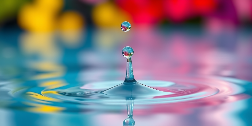 water droplet splashing in a colorful pool with reflections, captured with a Canon EOS R5 at f/2.8, ISO 100, shutter speed 1/2000s, 85mm lens, shallow depth of field, macro style, vibrant bokeh background