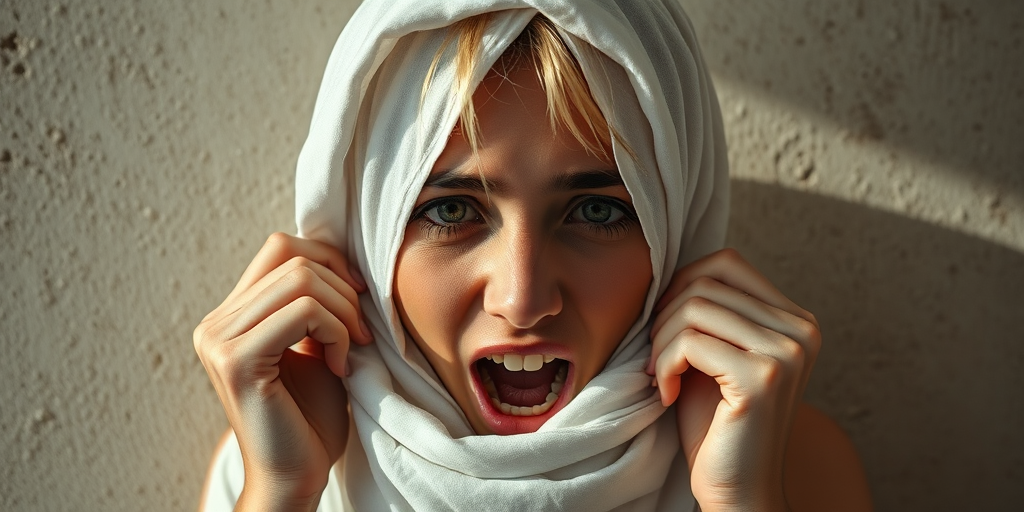 Create a close-up photographic image of a Assyrian woman with light skin tones shown against an old, worn wall. Their head is wrapped in a white cloth covering (i.e.... parts of the head except the nose and mouth, which are open as if they are screaming...), with a slight texture and visible folds in the fabric. Thin strands of blonde hair escape from the wrapping above, falling lightly at the top and sides. Their hands hold the fabric as if they are tugging nervously. The lighting is dramatic and even, casting strong shadows. The image has a minimalist and surreal style with an emphasis on simplicity with soft color tones. The composition is centered.