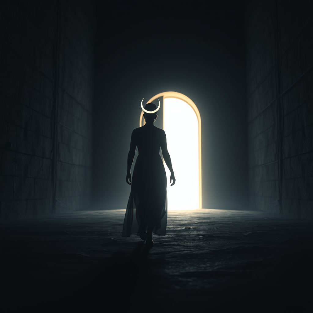 a serene figure walking towards a glowing doorway with a crescent moon on their head in a dark, textured environment, 50mm lens, f/2.8 aperture, ISO 100, soft focus background, shot from a low angle, digital art style, high-resolution render