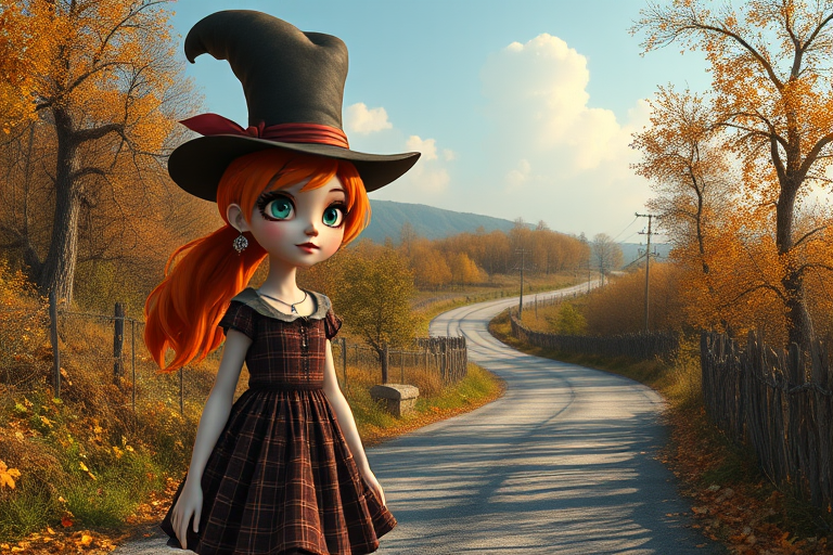 digital art fantasy depicting a strange girl with orange hair, long eyelashes, brown lipstick and a tall hat walking along a winding road on an autumn afternoon, an Oyster smiles as she passes