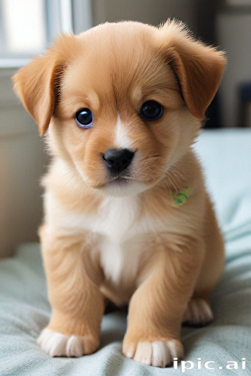 Adorable Golden Puppy Sitting on a Soft Blanket with Big Eyes
