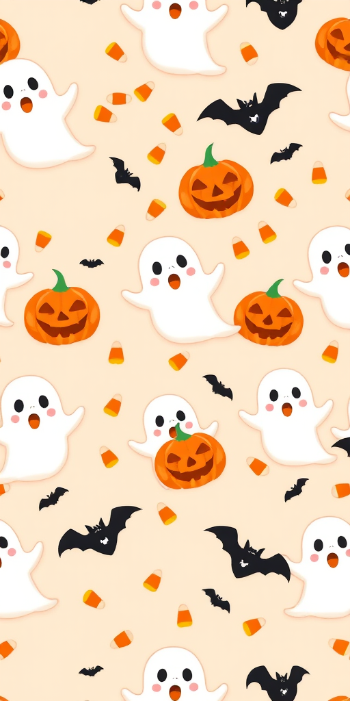 Create a repeating pattern featuring cute cartoon ghosts in white with surprised expressions orange jack-o-lanterns with grinning faces black bats scattered throughout and small candy corn pieces on a light peach background