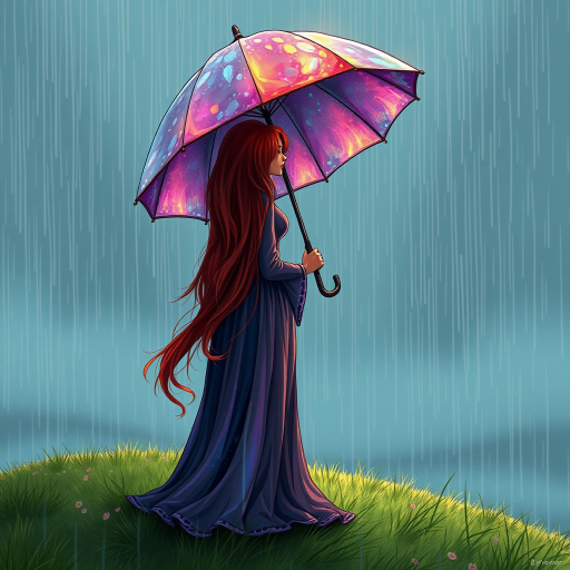 A surreal hand-drawn digital artwork depicting a mysterious red-haired woman standing on a grassy hill under the rain. She holds an umbrella crafted from iridescent zircon, its vibrant sheen contrasting with the soft, rainy atmosphere. The scene feels dreamlike, blending the natural elements of the hill and rain with the otherworldly shimmer of the umbrella.