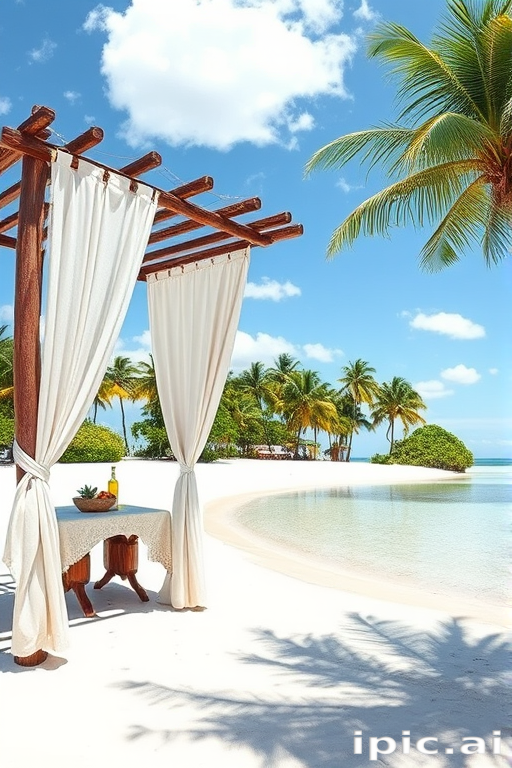 Create a picturesque tropical beach scene featuring a serene, white sandy shore. In the foreground, there's a rustic wooden canopy with white drapes gently flowing in the breeze. Underneath the canopy, a table is set with tropical decor, evoking a sense of relaxation and leisure. The beach extends into a calm, shallow water area with reflections of the sky and surroundings. Palm trees and lush greenery line the edge of the beach, providing a natural, tropical backdrop. The sky is clear with a few scattered clouds, and the overall atmosphere is tranquil and inviting, perfect for a peaceful retreat.