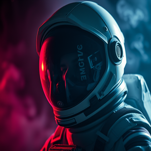 Create a highly detailed image of an astronaut in a dark space background, emphasizing ethereal smoke and light effects, shot with a Canon EOS R5 at f/1.8 with a 50mm lens, using a high dynamic range style for vibrant colors and deep contrast, ensuring dramatic lighting and clear focus on the helmet details.