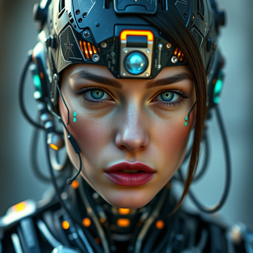 Create a hyper-realistic portrait of a futuristic female cyborg with intricate circuitry and glowing elements, using a Canon EOS 5D Mark IV, 85mm lens, f/1.8 aperture, shooting in natural light and a close-up view to enhance details.