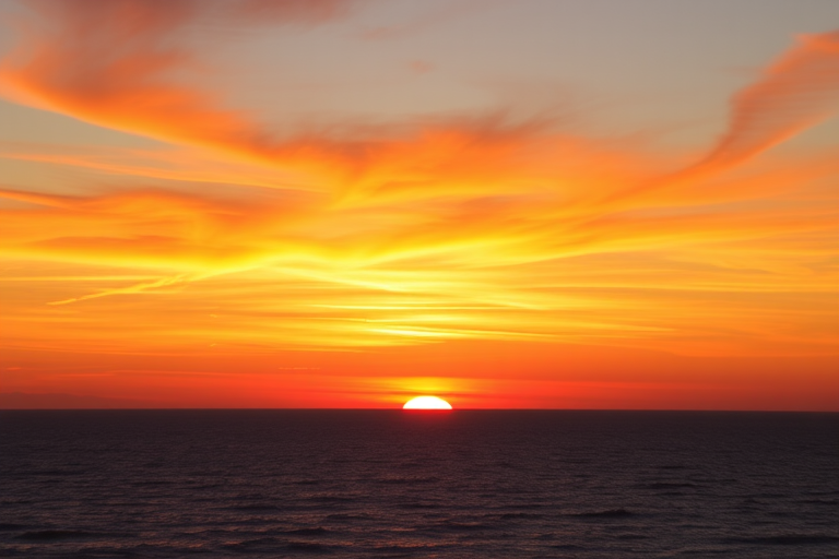 Create an image of a vibrant sunset over a calm ocean, using a DSLR camera with a 50mm lens, aperture set to f/1.8, shutter speed at 1/200s, ISO 100, in landscape orientation.