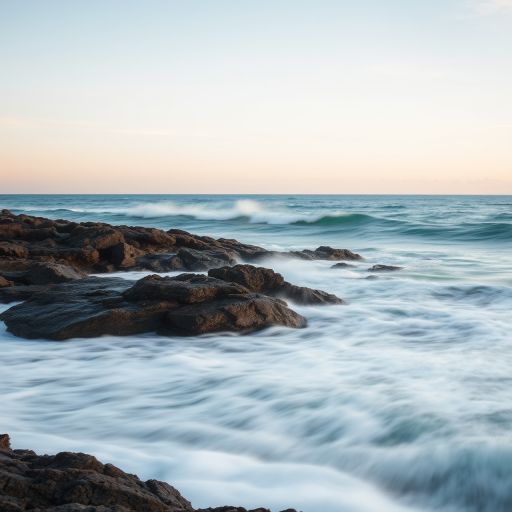 ocean landscape with rocky shoreline and waves crashing, long exposure for motion blur, soft pastel sky, 24mm lens, f/11 aperture, ISO 100, tripod mounted, sunlight during golden hour, high dynamic range imaging