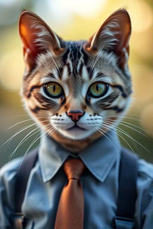 create an image of a humanoid cat character with a detailed face, wearing a formal shirt and tie, in a soft focus background, shot with a DSLR camera at f/1.8 aperture, 50mm lens, ISO 100, and natural lighting to enhance the features and textures