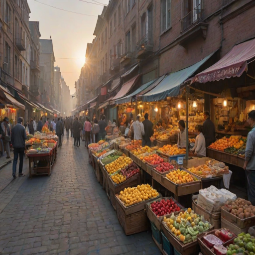 Sharp, high-resolution image of a city street market at dawn, colorful stalls selling fresh fruits, flowers, and baked goods, soft sunlight reflecting off the pavement, the distant hum of early morning activity filling the air.
