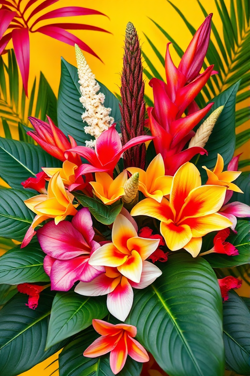 Generate a vibrant floral arrangement with tropical leaves and various flowers in a bright, colorful background, capturing it with a DSLR camera at f/2.8, ISO 100, 50mm lens, front view, high resolution, natural light for enhanced detail and color.