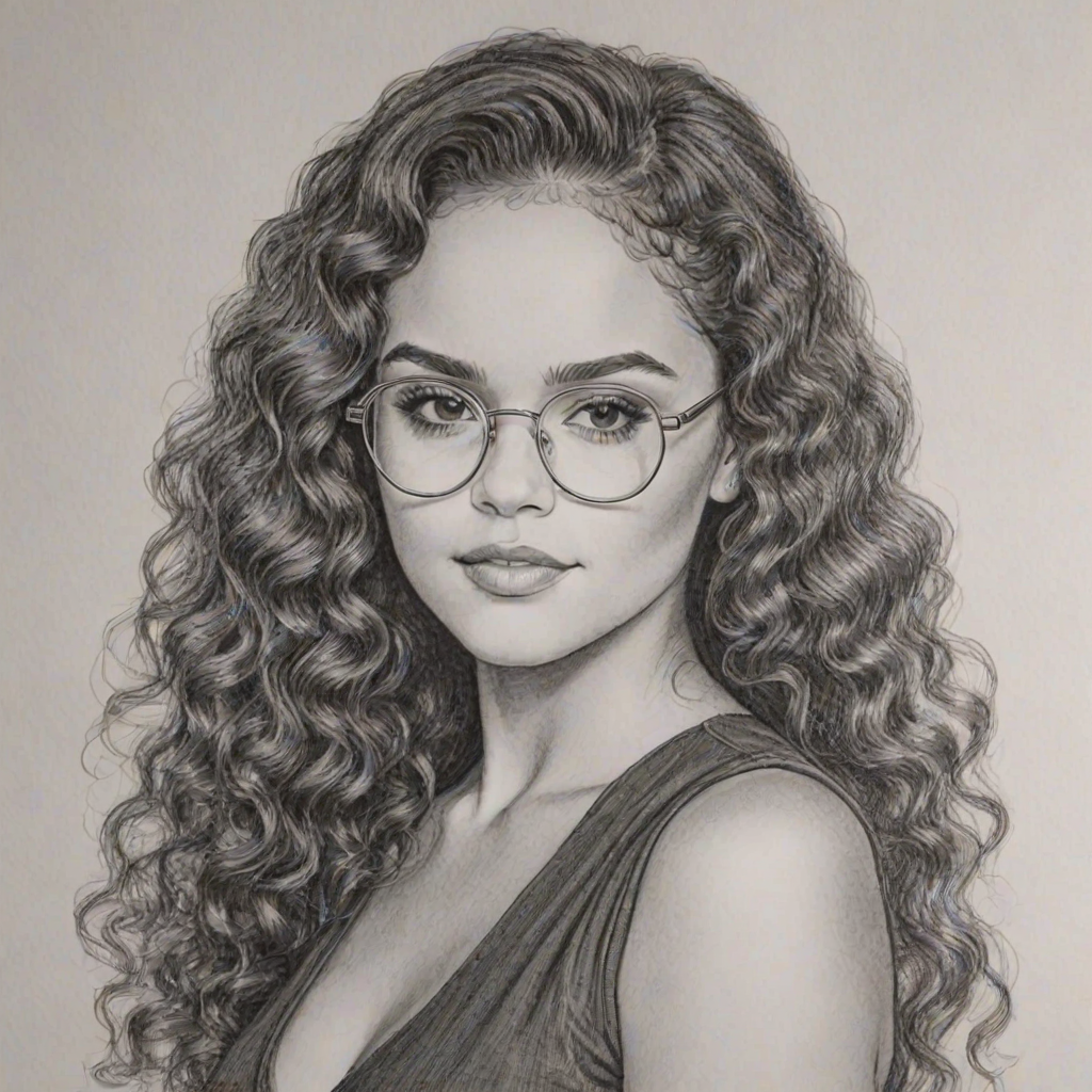 Fascinating Madison Pettis, pencil sketch, portrait of Alluring woman 1979s in glasses, hair style beatnik, outline, clear lines, fine lines, 8k