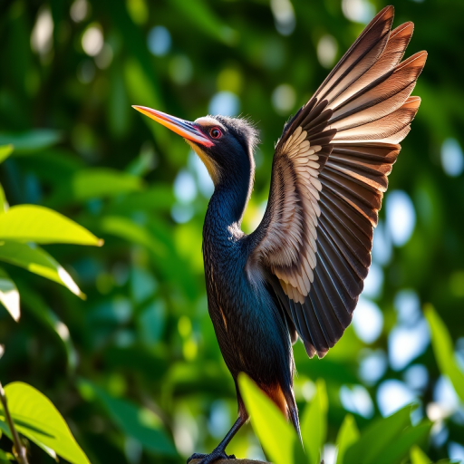 High-resolution close-up of an anhinga with wings spread, vibrant green foliage in the background, sunlight filtering through leaves, shallow depth of field, ISO 200, f/4, 1/800s, 200mm lens, DSLR camera.