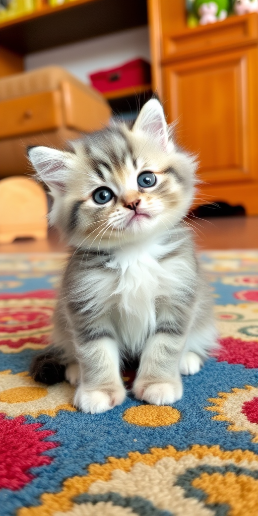 Cute fluffy kitten with gray and white fur sitting on a colorful rug with its head tilted to the side looking curiously at the camera. The background features wooden furniture and a playful environment.