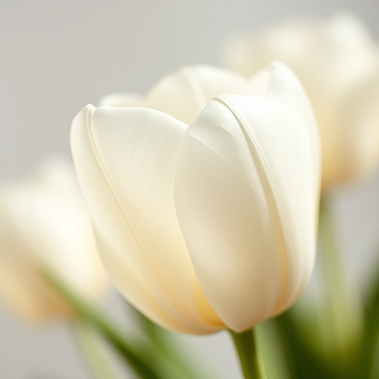 Capture a close-up of a white tulip with a smooth, blurred background, using a DSLR camera, 85mm lens, aperture f/1.8, ISO 100, with soft natural lighting to enhance the delicate texture of the petals.