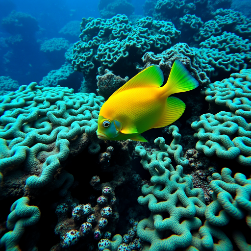 Create a vibrant underwater scene featuring a yellow fish swimming among intricate coral patterns with a palette of blues and blacks, using a DSLR camera with a wide-angle lens, aperture set to f/8, ISO 200, 24mm focal length, in a bright, high-contrast style.