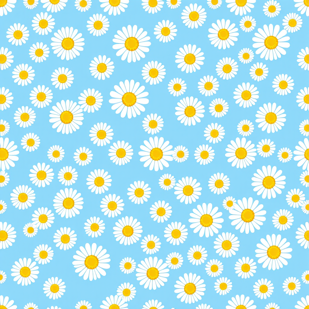 Create a seamless pattern featuring a light blue background filled with white daisies. Each daisy should have a bright yellow center and a simple, clean design. The flowers should be evenly spaced, creating a harmonious and cheerful floral pattern.