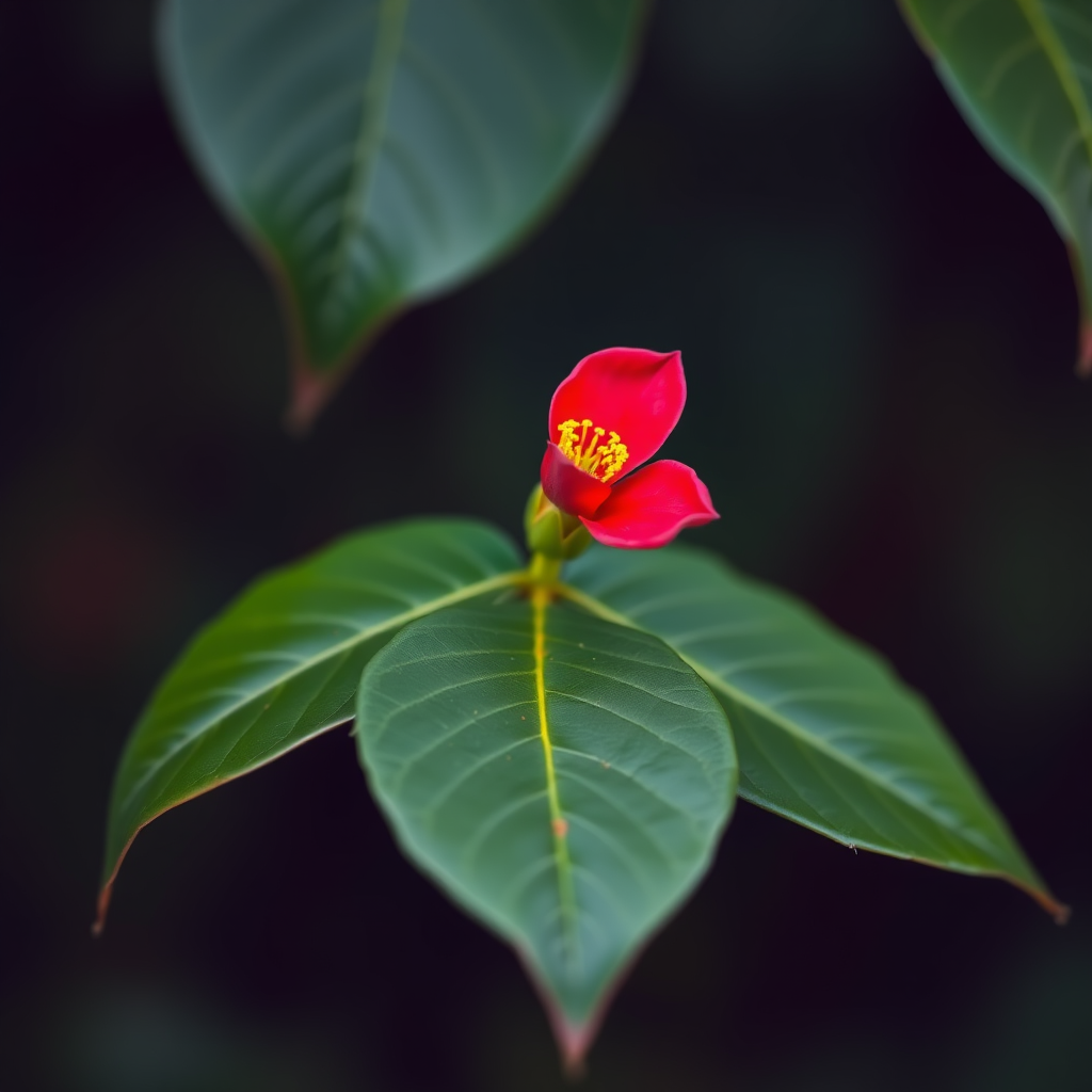 Create a macro photograph of a single vibrant red camellia flower on a dark green leaf backdrop, with a shallow depth of field, using a DSLR camera, 85mm lens, f/2.8 aperture, ISO 200, and natural soft lighting.