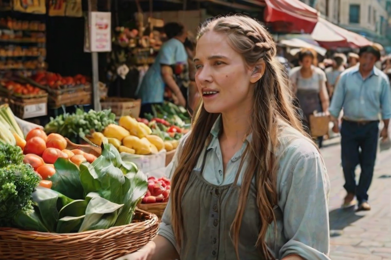 Bustling urban street market, with vendors selling fresh produce and handmade goods, a woman with long braided hair haggles over the price of flowers, her wicker basket already filled with purchases.
